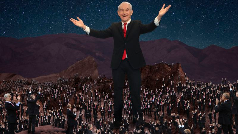Newly elected leader Ron Paul delivers his acceptance speech to a crowd of tiny versions of himself on the planet New Texas.